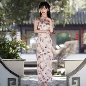 Spring/Summer New Long High Quality Real Silk Improved Vintage Standing Collar Cheongsam Qipao Women’s Dress