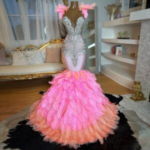 Pink Feather Design Mermaid Party Dress Luxury Crystal Beaded Evening Dress Sleeveless Floor Length Party Dress Customized