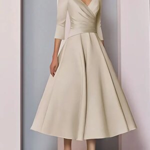 Vintage 3/4 Sleeve Mother Of Bride Groom Dress Tea Length A Line Satin Mother Dress V Neck Zipper Back Mother Formal Party Gowns