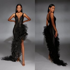 Formal Black Evening Dresses Simple V Neck Tiered Ruffles Women Prom Gowns Glitter Sequins Sleeveless Customized Party Gowns