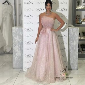 Customized   Pink Glitter Seqioned Evening Dresses Formal Strapless Sleeveless Floor Length Celebrity Dress Special Occasion Gow