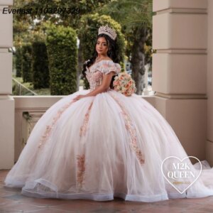 EVLAST Customized Pink Floral Quinceanera Dress Ball Gown 3D Applique Beaded Mexico Corset Sweet 16 Vestido De 15 Anos QD1083