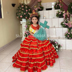 Festive Red Mini Quinceanera Dresses Beaded Applique Tassel Ruffle Poncho Halloween Party Dresses Flower Girl Dresses Customized