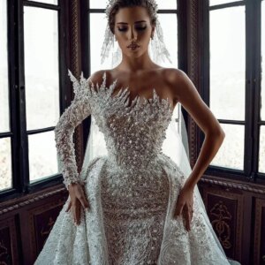 Vestido De Novia Luxury Pearls Wedding Dress Detachable Train Dubai Long Sleeve Beaded Lace Bridal Gown Robe Mariee Customized