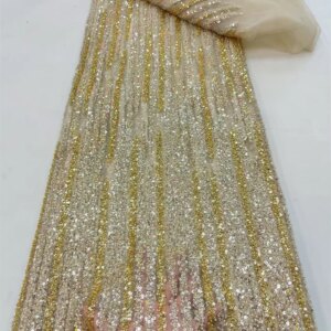 High Quality African Gold Tulle Embroidered Groom Lace Fabric Beaded Sequins Net Lace Fabric For Nigerian Wedding Material W553-