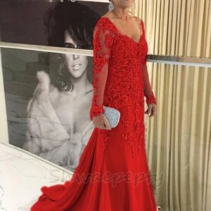 Long Sleeves Mother Of The Bride Dress Lace Appliques V-Neck Long Plus Size Dresses Evening Wear Customized