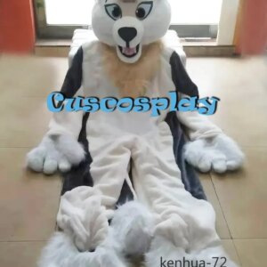 Grey White Long Fur Furry Husky Dog Wolf Fox Fursuit Mascot Costume Adult Cartoon Character Suit Real Play Trade Show clothes