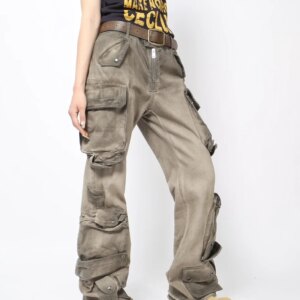 Heavy Waste Soil Worn Looking Washed-out Multi-Pocket Cargo Pants Men’s American Retro High Street Niche Trousers