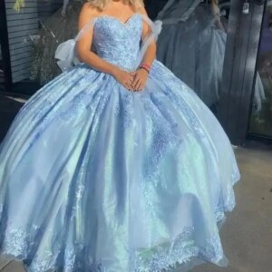 Customized Sky Blue Quinceanera Dresses Sweet 15 16 Birthday Party Gown Vestidos Applique Para XV Princess Long Train Miss