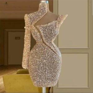 Shining and Gorgeous One Shoulder Sleeved Evening Dress Ball Dress Light Fitting Knee Length Skirt