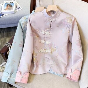 New Chinese style pink stand collar button hot gold printed coat
