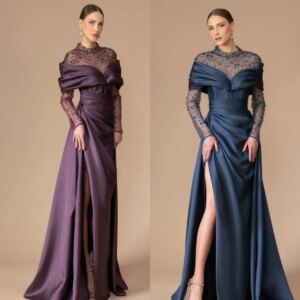 Customized Evening Satin Rhinestone Draped Celebrity A-line High Collar Bespoke Occasion Gown Long Dresses