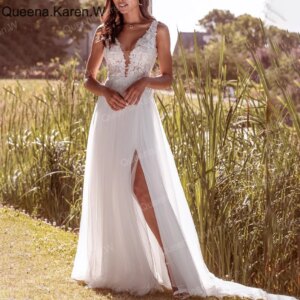 Elegant Boho A line Wedding Dress V neck lace applique bride dress robe de mariee A line Wedding Bridal Gown
