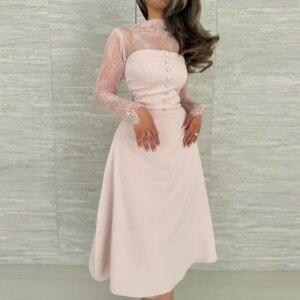 Customized A-Line Prom Dresses Tea-Length High-Neck Lace Full Sleeve Party Dresses Simple Draped Fashion Button Evening Dresses