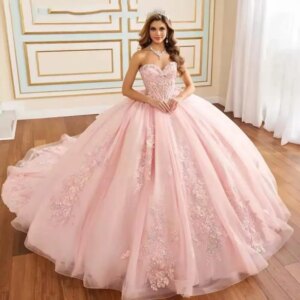 Customized Pink Lace Appliqued Quinceanera Dress Ball Gown Floral Beaded Bow Sweet 16 Vestido De 15 Anos