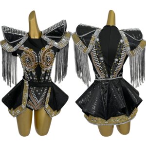 Sparkly Crystals Tassel Stage Performance Bodysuit 2 Piece Set Nightclub Party Show Outfit Festival Celebrate Wear Maotouying
