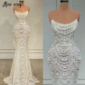 Elegant Lace Pearls Tassels Wedding Dress Boat Neck Mermaid Shiny Bridal Gowns Customized 2025 Formal Wedding Party Dresses