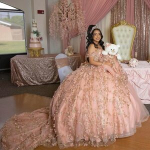 Pink Shiny Quinceanera Dress Off The Shoulder Ball Gown 3D Flower Corset Lace Gold Appliques Beaded Sweet 16 Vestidos De 15 Anos