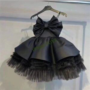 CustomizedBlack Satin Tulle Flower Girl Dresses Ball Gown Kids Wedding Party Toddler First Birthday Gown Photoshoot Kid 1-14T