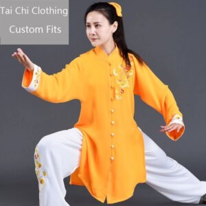 Yellow Tai Ji Suit Women’s High Stretch Yarn Hemp Spring and Autumn Embroidery Ginkgo Shadowboxing Exercise Clothing
