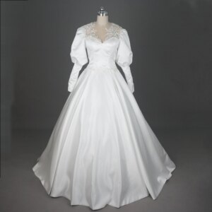 Long Bubble Shoulder Sleeve Satin Wedding Dress Vintage Court Royal Style with Lace Appliqued Neckline Bridal Gown