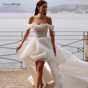 Customized Organza Satin Wedding Dresses ,Short Front Long back ,Beach Boho Bridal Gowns Chic DW991