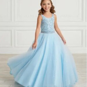 Sky Blue Girls Pageant Dresses A-line Spaghetti Straps Tulle Beaded Long Flower Girl Dresses For Weddings Baby Kids Customized