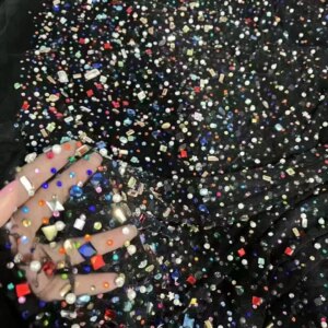 2023 New Design Black Heavy Stones Nigerian Lace Fabrics African Tulle Net Lace Luxury Crystal Stones Beads Fabrics For Wedding