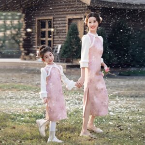 Fashion Stitching and Brushed Long Large Sleeve Parent-Child Cheongsam Qi Pao Winter New Mother-Daughter Matching Outfit