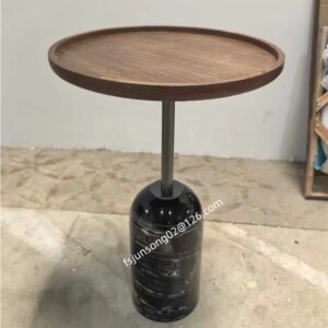 JS A103B Classic Black Stone Base Small Side Table Concave Wood Top Walnut Color Sofa Coffee Table Foshan Furniture Factory