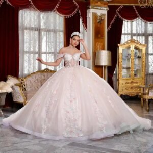 Customized Attractive Quinceanera Dresses Appliques Ruched Lacing Up Off The Shoulder Royal Train Tulle Vestidos De 15
