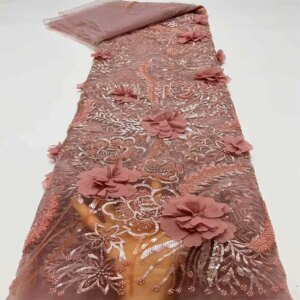 2024 African Nigerian French High Quality Hot Sale 3D Flower Lace Fabric With Beads Sequins Bride Party Wedding Embroiderg Dress