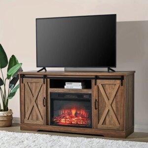 Fireplace TV station with sliding fireplace door, suitable for TVs under 65 inches, fireplace of 59 inches, with storage cabinet