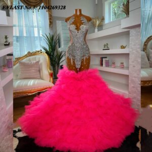 EVLAST Customized 2025 Pink Ruffles Prom Dress BlackGirl Silver Rhinestone Crystal Beaded Formal Evening Party Gala Gown E3P263