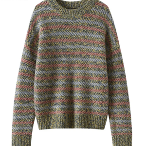 BirdTree, Cashmere Wool Elegant Knitted Sweaters, Women O-Neck Striped, Fashion Loose OL Sweater, 2024 Fall Winter Top T485119QM