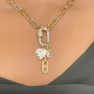10pcs Paperclip Chain Multiple Charm Necklace Cubic Zirconia Pendant Carabiner Screw Clasp Layering Women Choker Custom Jewelry