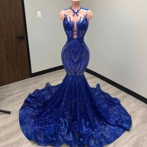 Royal Blue Mermaid Long African Black Girls Prom Dresses Sexy Lace Sparkly Sequins Prom Gowns Evening Gala Party Customized
