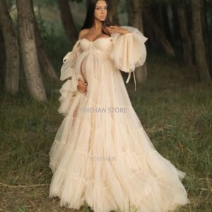 Customized Elegant Maternity Robe for Photography A Line Women Prom Dress Outfit Maxi Gown Pregnancy Bell Long Sleeve Dress