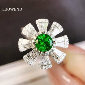 LUOWEND 100% 18K White Gold Rings Luxury Diamond Natural Emerald Engagement Ring for Women Elegant Flower Design Party Jewelry