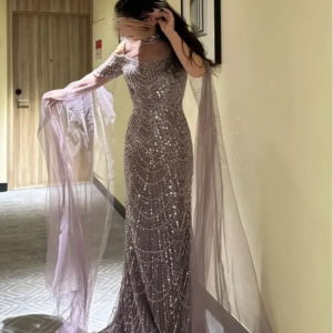 Elegant Prom Dresses Purple High Neck Waisted Elegant Formal Evening Dresses Cape Sleeves Bridesmaid Party Dress for Women