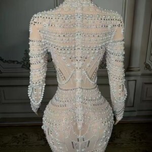 MisShow Customized High Neck Long Sleeve Evening Dress with Beaded, Sheer Luxe Gown for Wedding/Galas, Tailored Elegance