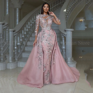 Magnificent Long Sleeve Beading Prom Dresses High Neck Appliques Mermaid Detachable Train Special Occasions Evening Gowns