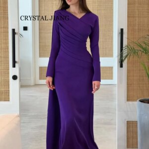 Classy Long Purple V Neck Spandex Prom Dresses Full Sleeves Sheath Pleated Sweep Train Vestidos De Festa