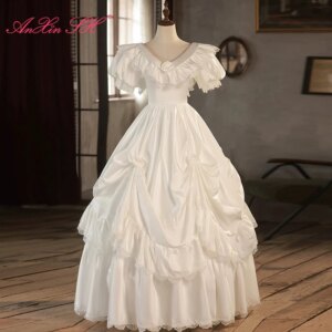 AnXin SH french retro princess white satin v neck rose flower lace short puff sleeve bride lace up customized evening dress