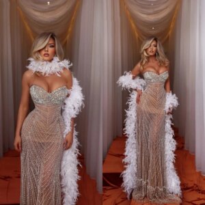 Sexy Feathers Mermaid Evening Dress Strapless Beaded Crystal Prom Gown Illusion Sweep Train Formal Dresses Customized