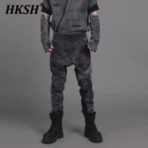 HKSH Men’s Waste Land Punk Style Asymmetric Aging Washing Hollow Out Function Motorcycle Casual Pants Women Chic Overalls HK1239