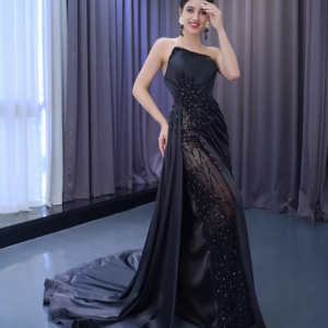 Satin Pearl Evening dress, black pleated strapless dress with the big slot