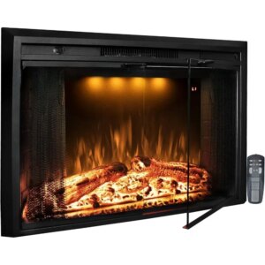 36 Inch Electric Fireplace with Glass Door and Mesh Screen, Multi-color Flames and Flame Crackling Sound, Timer, 750/1500W