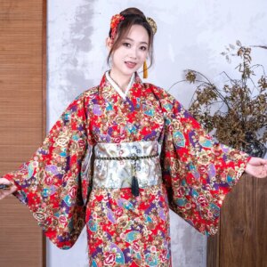 Peony Fan Red Kimono Japanese Script Kill Material Store Women’s Season Photography Improved Bathrobe