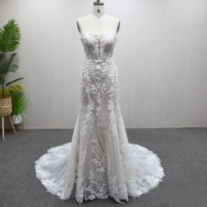 Gelinlik Mermaid Spaghetti Straps V-Neck Backless Wedding Dress Appliques Sexy Bridal Dress